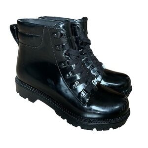 Sam Edelman Circus Black Shiny Rubber Lace Up Combat Boots, Size 6